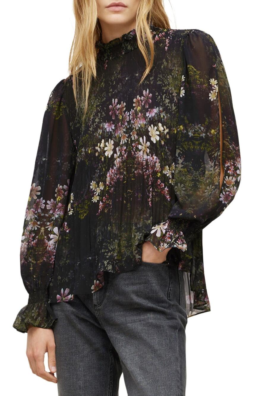 Allsaints Pleated Floral Black Multi Cora Ophelia Blouse Size 4